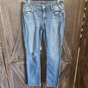 Silver Jeans Co Jeans Women's Size 31/34 Blue Elyse Straight Distressed‎